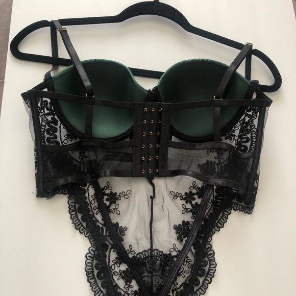 ❤️SOLD❤️Oh La La Cheri Paulette Lace Trim Satin Thong Bodysuit Black Green - Picture 7 of 13
